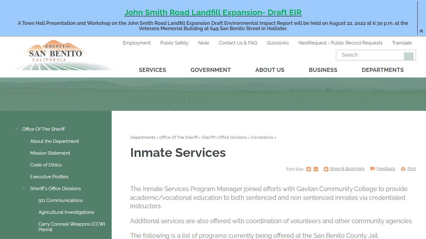 Inmate Services | San Benito County, CA